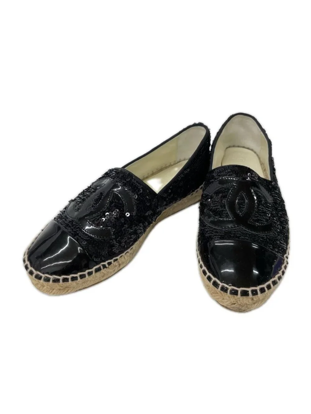 Chanel CC Logo Patent Sequin Espadrilles Shoes